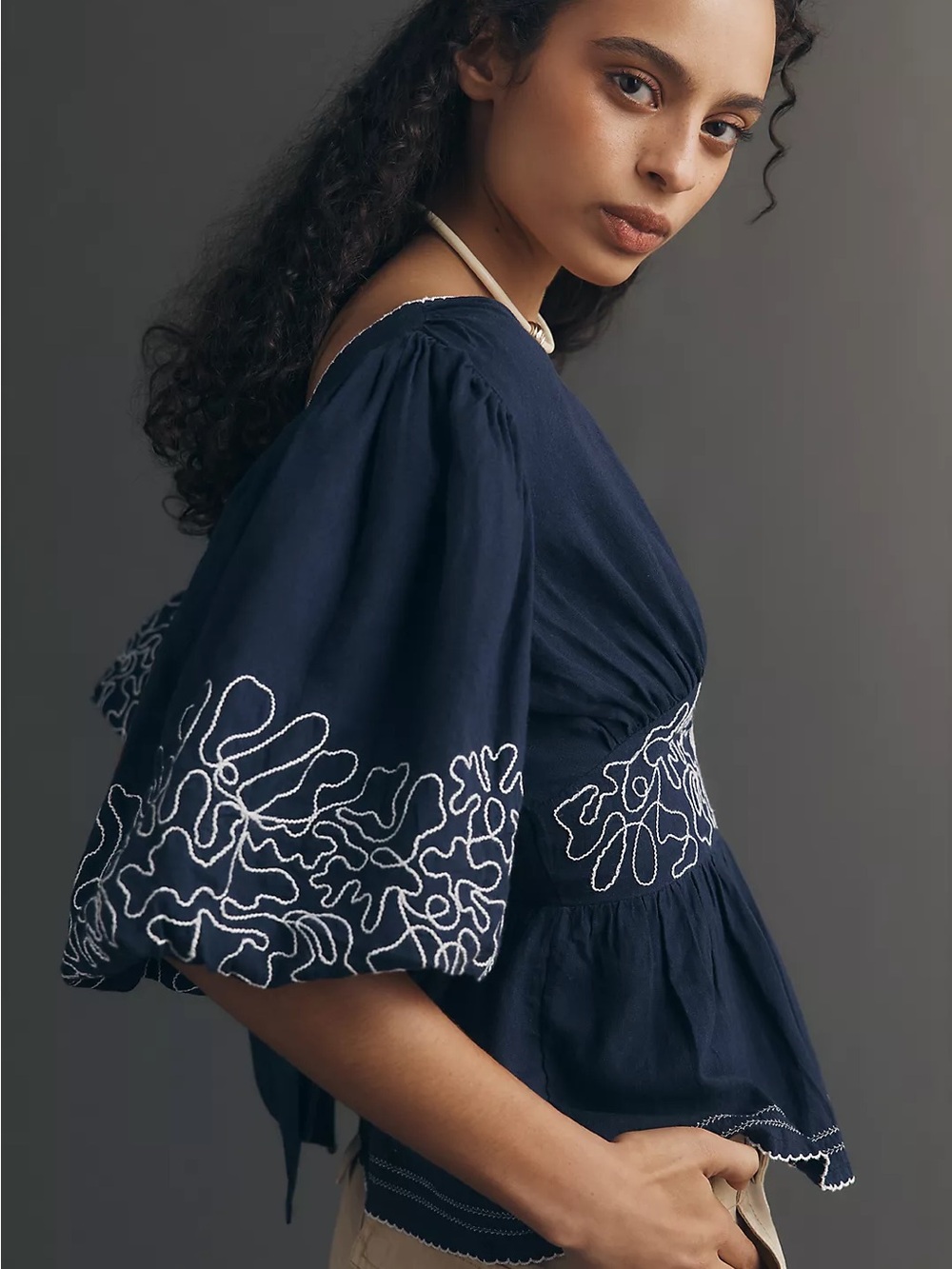 Maeve Embroidered Linen Blend Puff-Sleeve Top with bow tie back